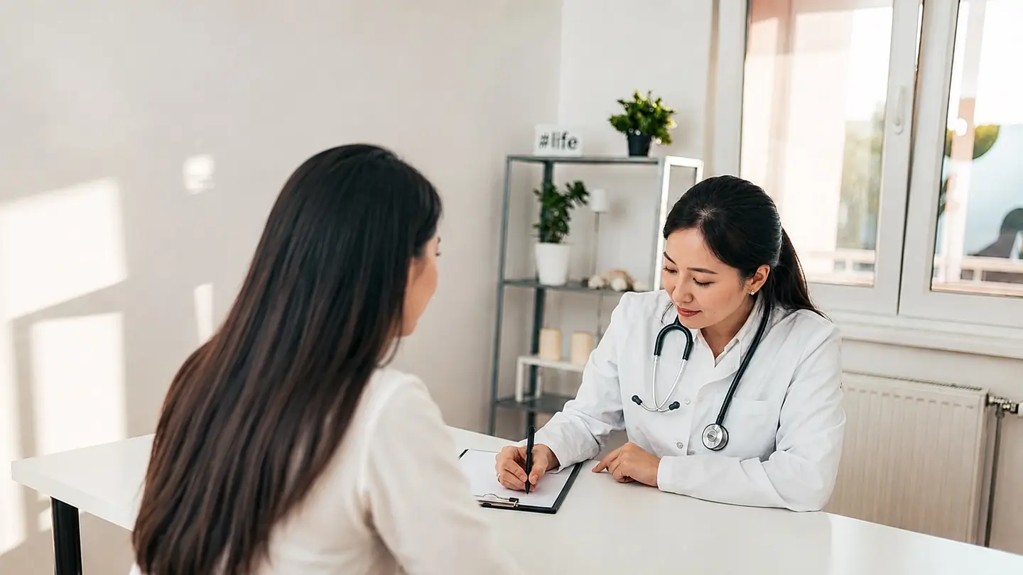 A doctor writing notes while talking with a patient during a consultation at Aton Clinic