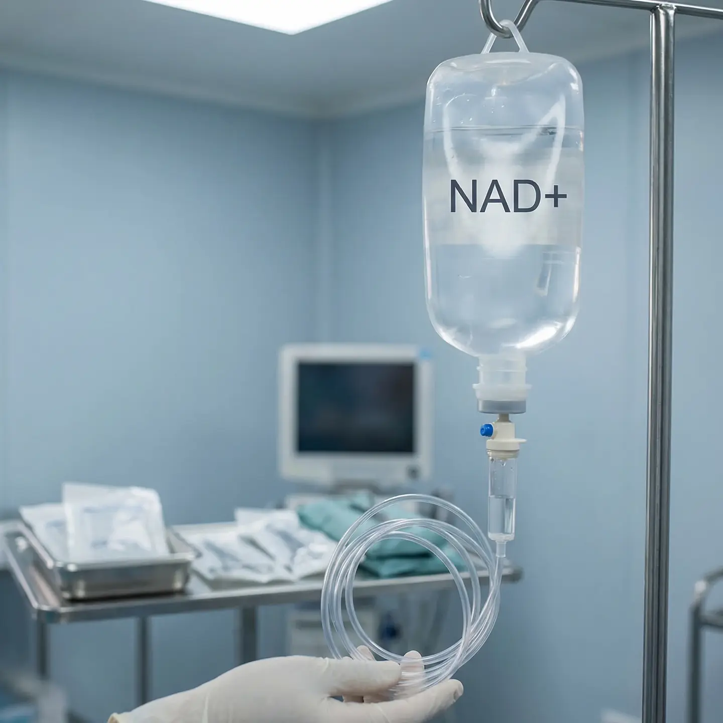 NAD+ intravenous infusion bag hanging in a clinical treatment room