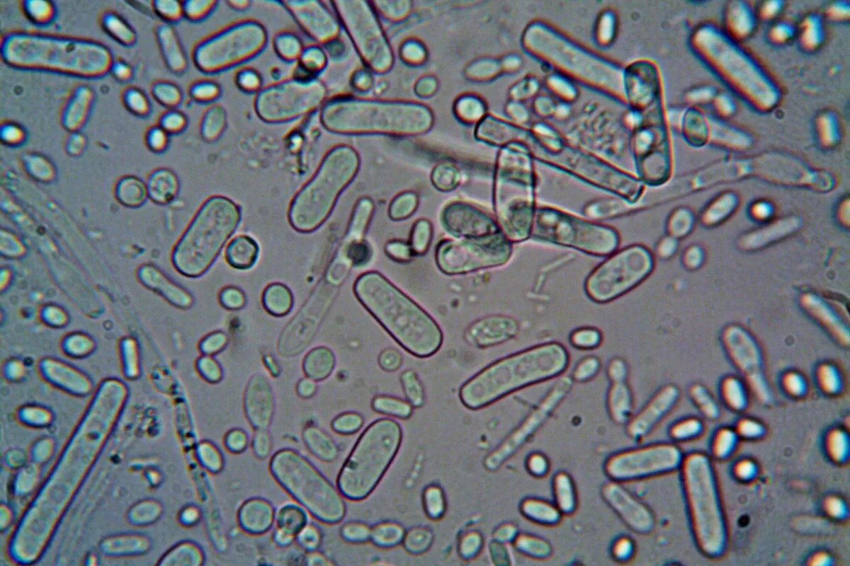 Gut bacteria and yeast cells seen under a microscope