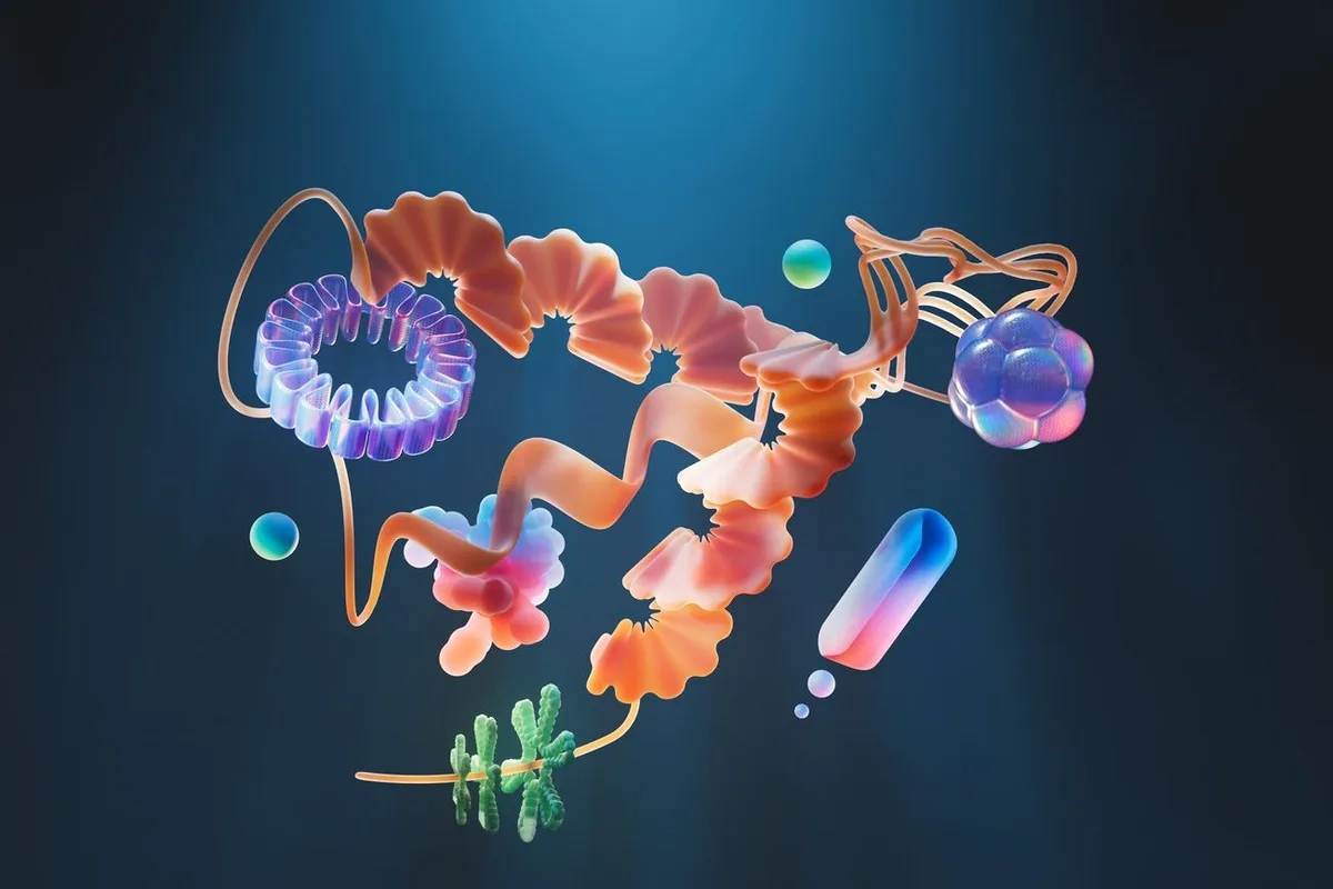 Illustration of a folded amino acid chain and other molecules